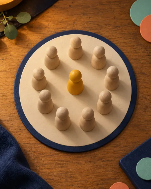 A round tile packed with wooden figurines seen from above, one raspberry figurine at its centre
