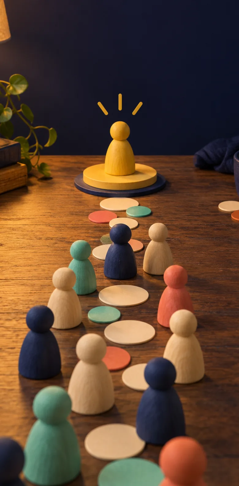 On a phone screen, figurines walk across the table from all sides toward the player's tile